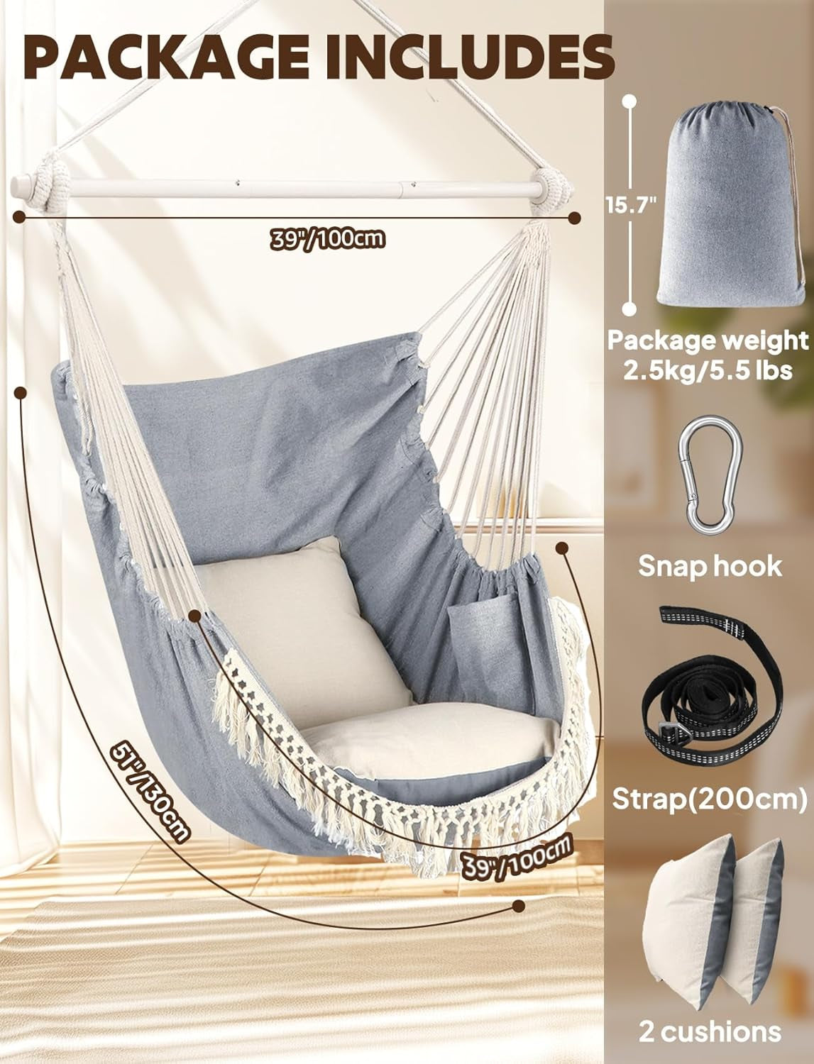 Ultimate Hammock Chair Swing - Enjoy Comfort with 2 Cushions, Metal Spreader Bar, and Side Pocket - Perfect for Indoor & Outdoor Relaxation!