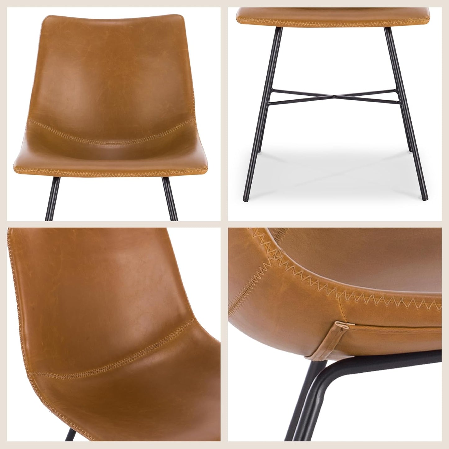 Transform Your Dining Space with the Paxton Leather Dining Chairs by POLY & BARK – Set of 2 Stylish Low Back Chairs in Tan Faux Leather with Sturdy Matte Black Steel Base