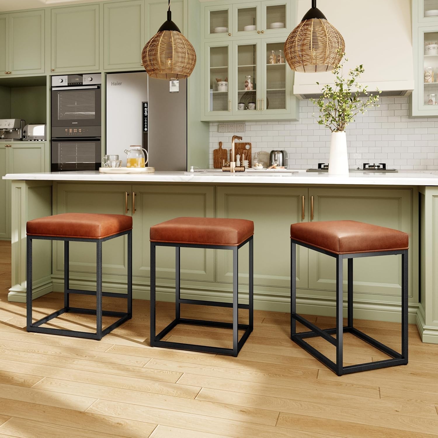 Stylish Set of 2 Backless 24" Bar Stools - Modern Faux Leather Kitchen Counter Chairs with Industrial Design in Brown
