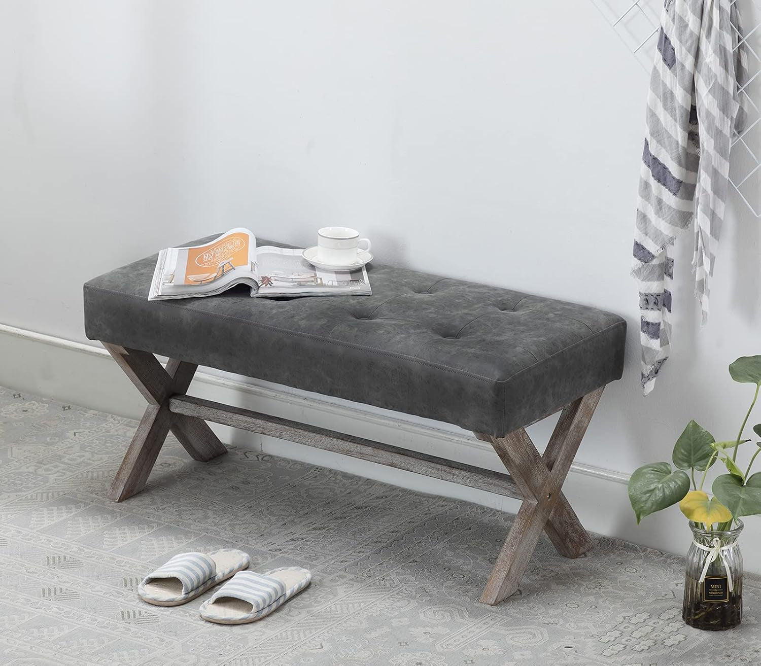 Stylish PU Leather Upholstered Entryway Bench - 36 Inch Grey Bedroom Seat with X-Shaped Wood Legs for Versatile Living Spaces
