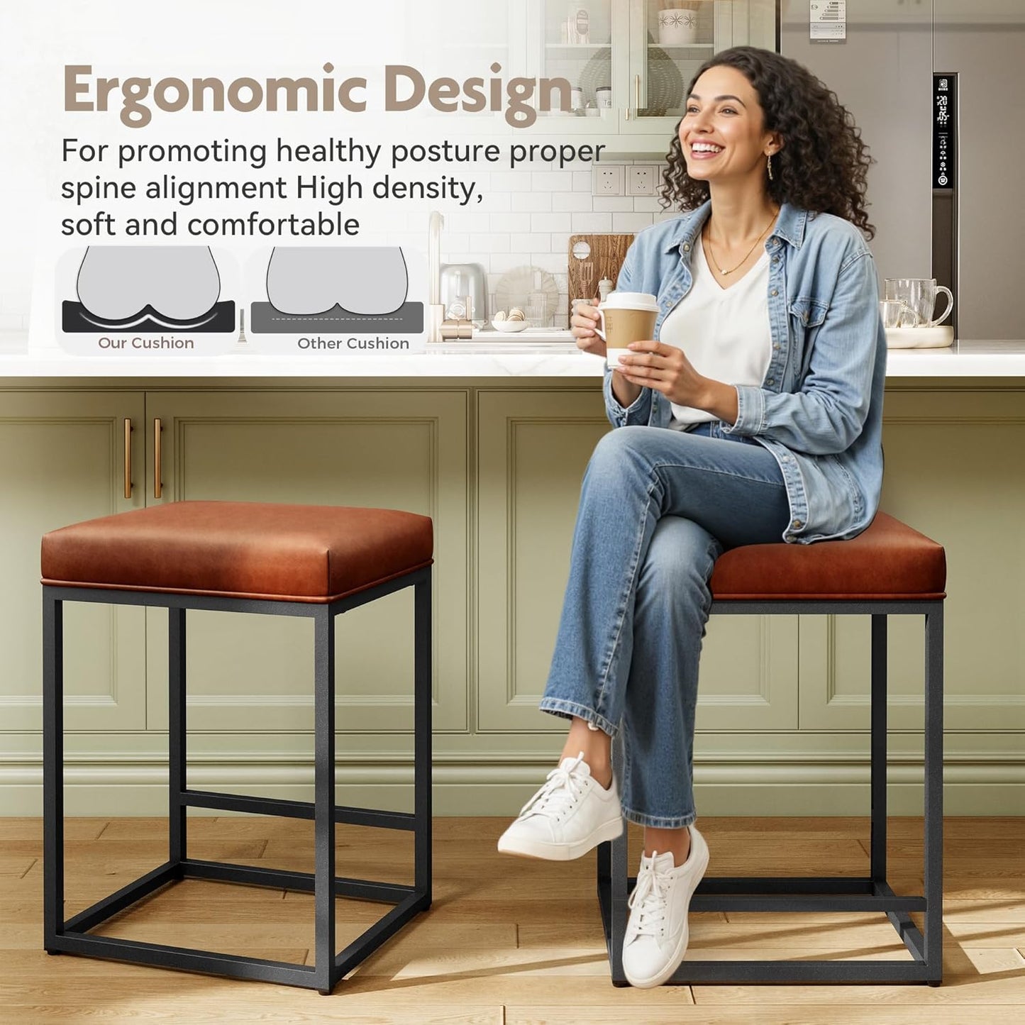 Stylish Set of 2 Backless 24" Bar Stools - Modern Faux Leather Kitchen Counter Chairs with Industrial Design in Brown
