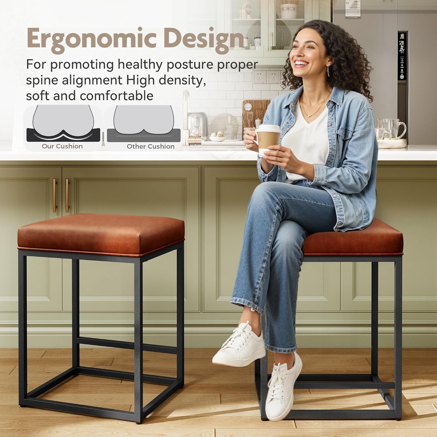 Stylish Set of 2 Backless 24" Bar Stools - Modern Faux Leather Kitchen Counter Chairs with Industrial Design in Brown