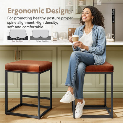 Stylish Set of 2 Backless 24" Bar Stools - Modern Faux Leather Kitchen Counter Chairs with Industrial Design in Brown