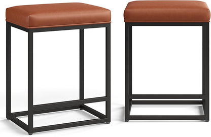 Stylish Set of 2 Backless 24" Bar Stools - Modern Faux Leather Kitchen Counter Chairs with Industrial Design in Brown