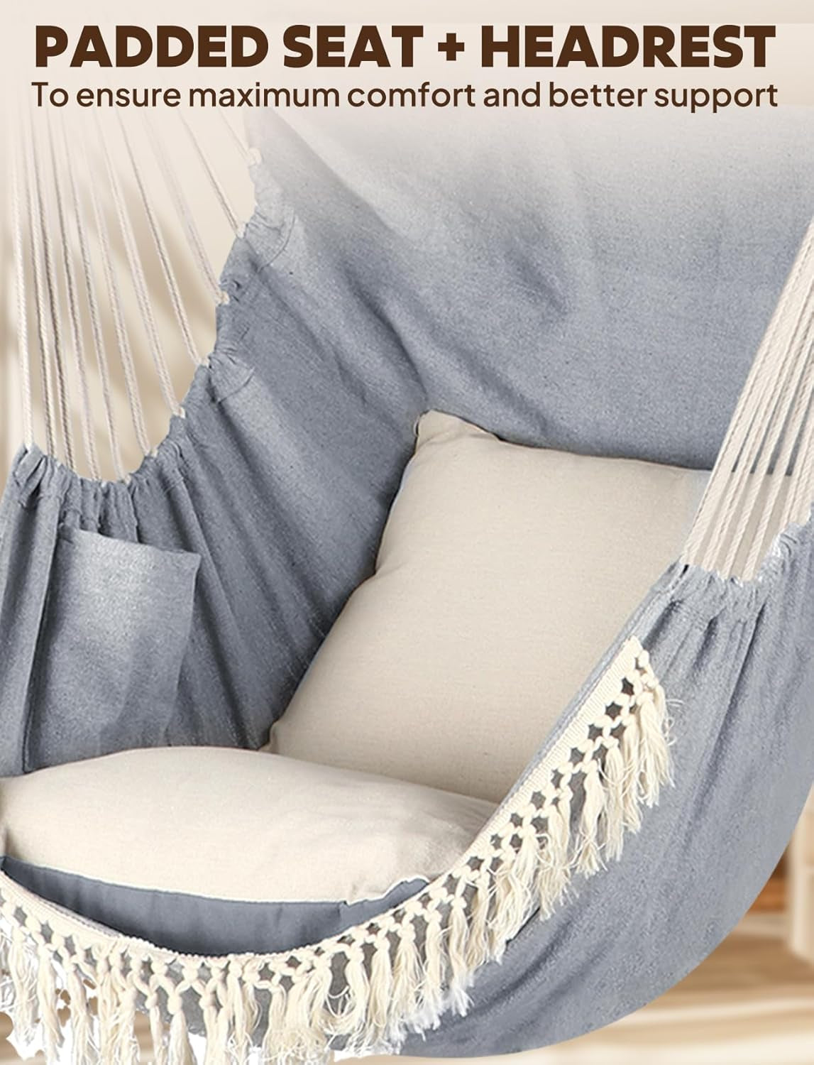 Ultimate Hammock Chair Swing - Enjoy Comfort with 2 Cushions, Metal Spreader Bar, and Side Pocket - Perfect for Indoor & Outdoor Relaxation!