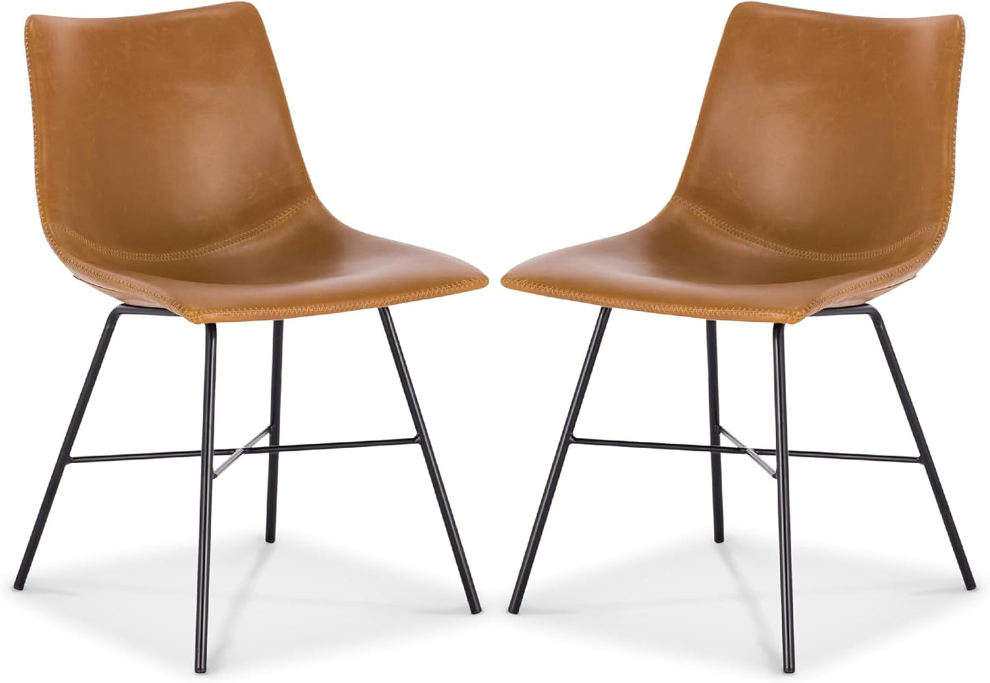 Transform Your Dining Space with the Paxton Leather Dining Chairs by POLY & BARK – Set of 2 Stylish Low Back Chairs in Tan Faux Leather with Sturdy Matte Black Steel Base