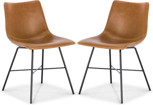 Transform Your Dining Space with the Paxton Leather Dining Chairs by POLY & BARK – Set of 2 Stylish Low Back Chairs in Tan Faux Leather with Sturdy Matte Black Steel Base