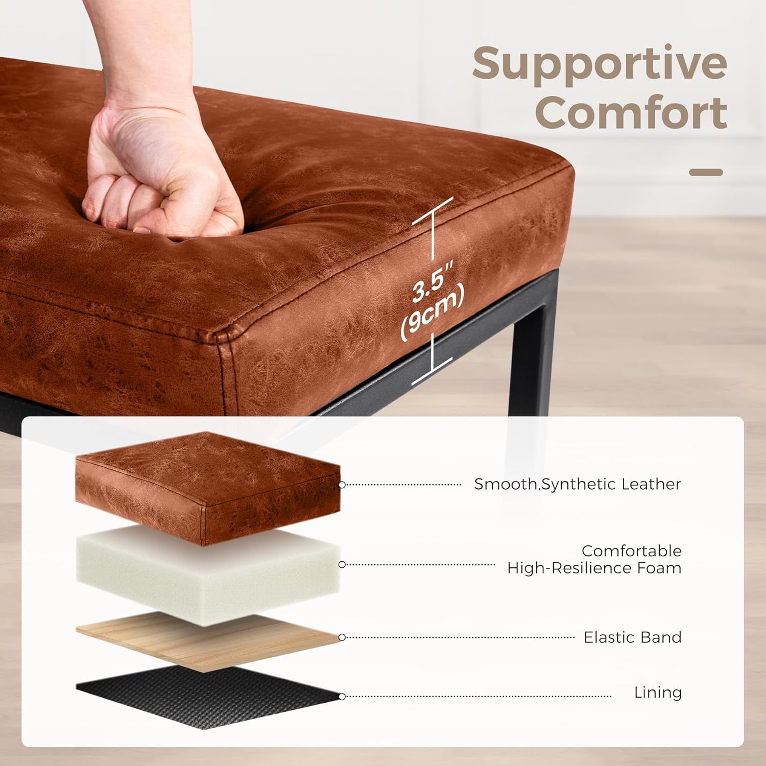 Stylish Set of 2 Backless 24" Bar Stools - Modern Faux Leather Kitchen Counter Chairs with Industrial Design in Brown