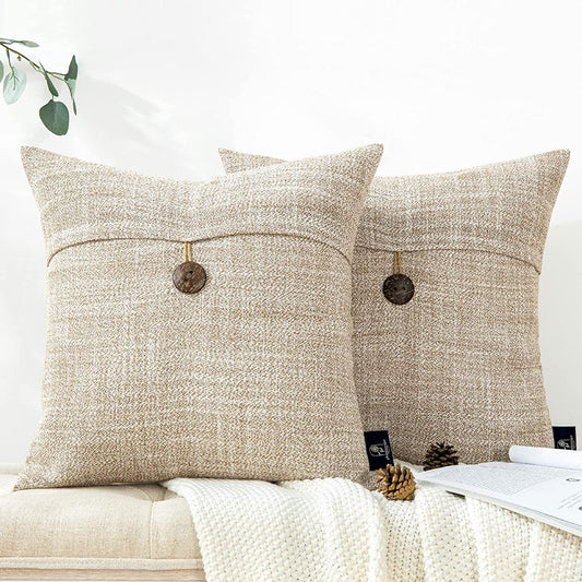 Chic Vintage Farmhouse Throw Pillow Covers - Set of 2 Beige 18x18 Decorative Cases with Button Closure for Couch, Bed, and Chair