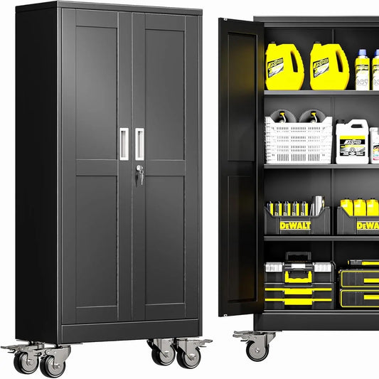 Elevate Your Space with the Modern Lockable-Wheeled Garage Storage Cabinet - Heavy-Duty, Portable Tool Organizer with Adjustable Shelves
