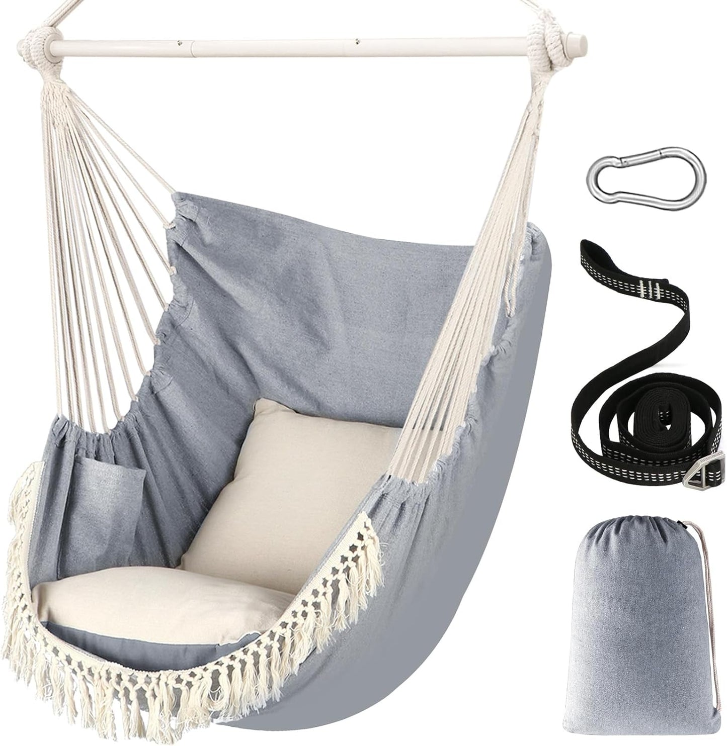 Ultimate Hammock Chair Swing - Enjoy Comfort with 2 Cushions, Metal Spreader Bar, and Side Pocket - Perfect for Indoor & Outdoor Relaxation!