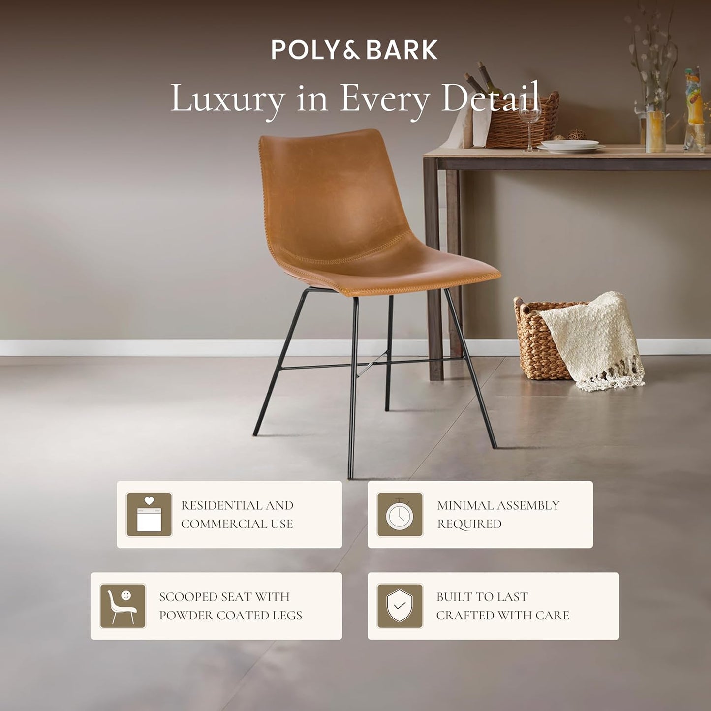 Transform Your Dining Space with the Paxton Leather Dining Chairs by POLY & BARK – Set of 2 Stylish Low Back Chairs in Tan Faux Leather with Sturdy Matte Black Steel Base