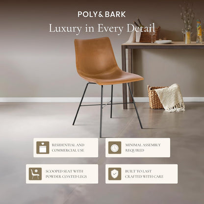 Transform Your Dining Space with the Paxton Leather Dining Chairs by POLY & BARK – Set of 2 Stylish Low Back Chairs in Tan Faux Leather with Sturdy Matte Black Steel Base