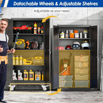 Elevate Your Space with the Modern Lockable-Wheeled Garage Storage Cabinet - Heavy-Duty, Portable Tool Organizer with Adjustable Shelves