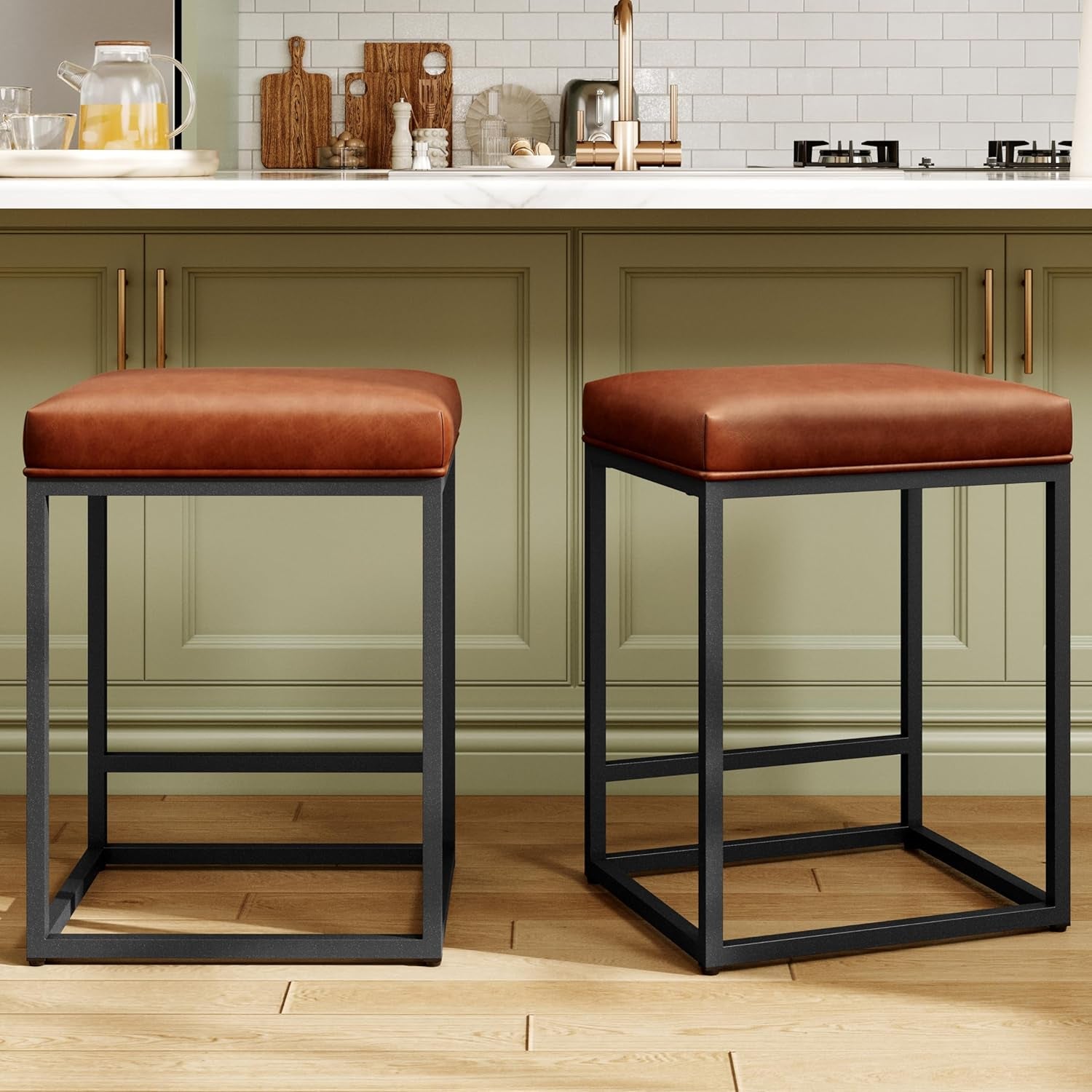 Stylish Set of 2 Backless 24" Bar Stools - Modern Faux Leather Kitchen Counter Chairs with Industrial Design in Brown