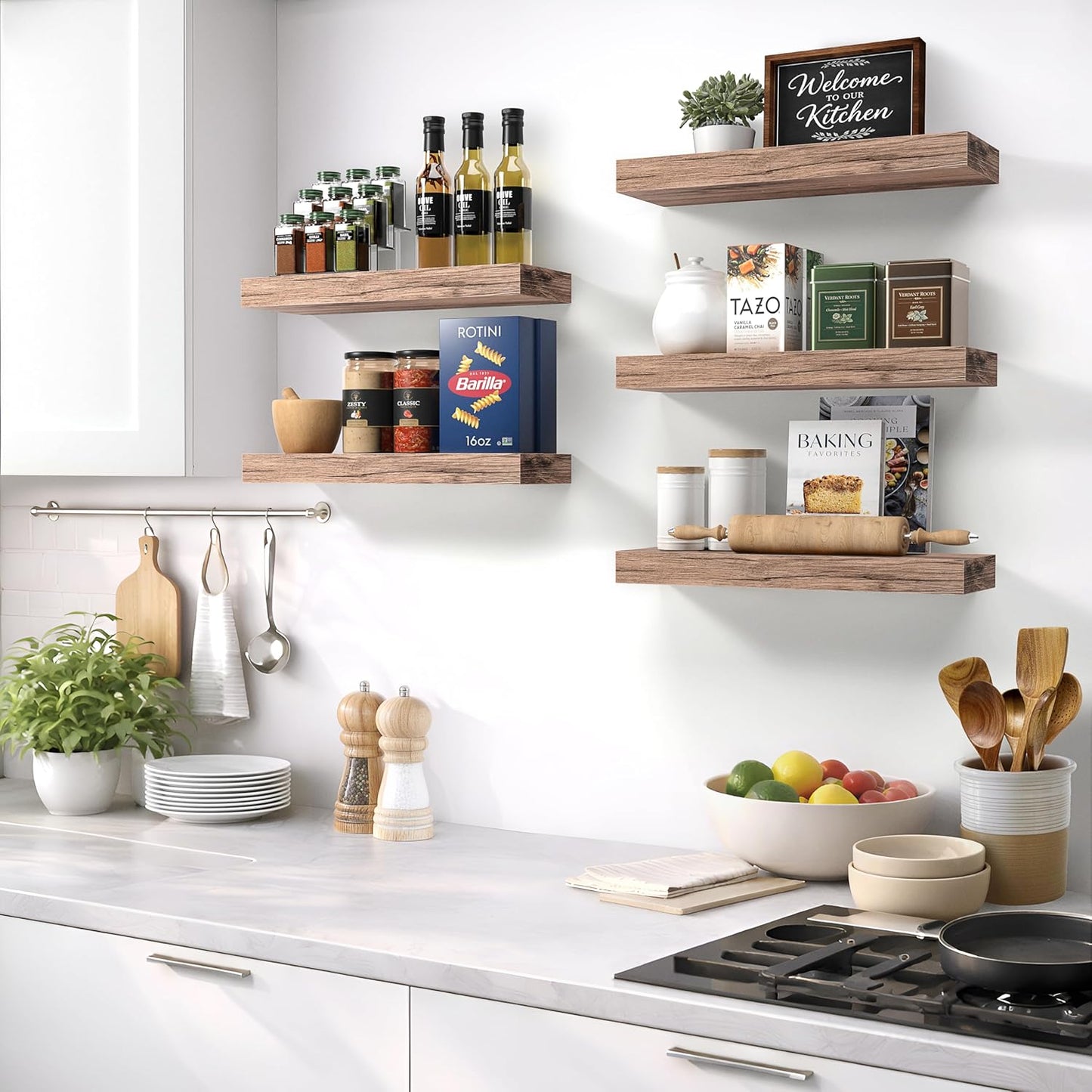 Floating Wall Shelves - 16-Inch Mahogany Shelves for Kitchen, Bedroom, Living Room, and Bathroom Decor - Set of 3 with Invisible Brackets