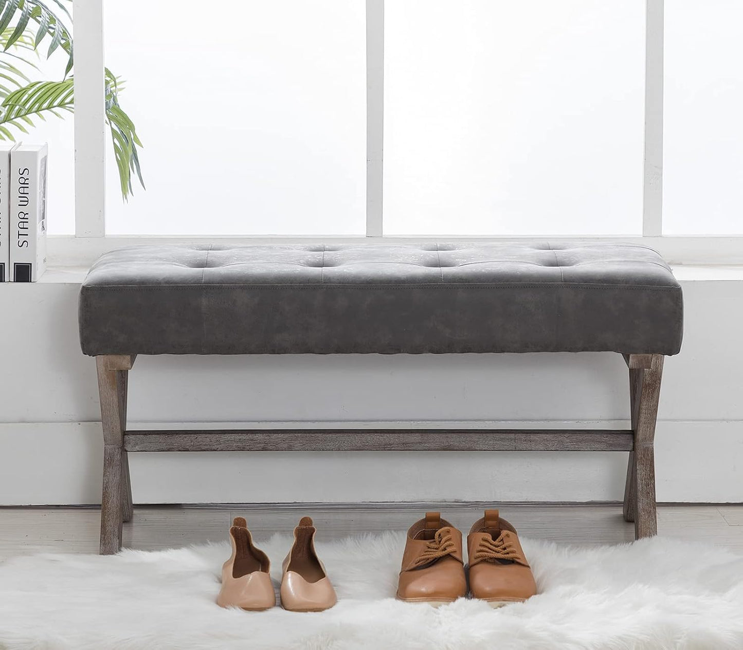 Stylish PU Leather Upholstered Entryway Bench - 36 Inch Grey Bedroom Seat with X-Shaped Wood Legs for Versatile Living Spaces