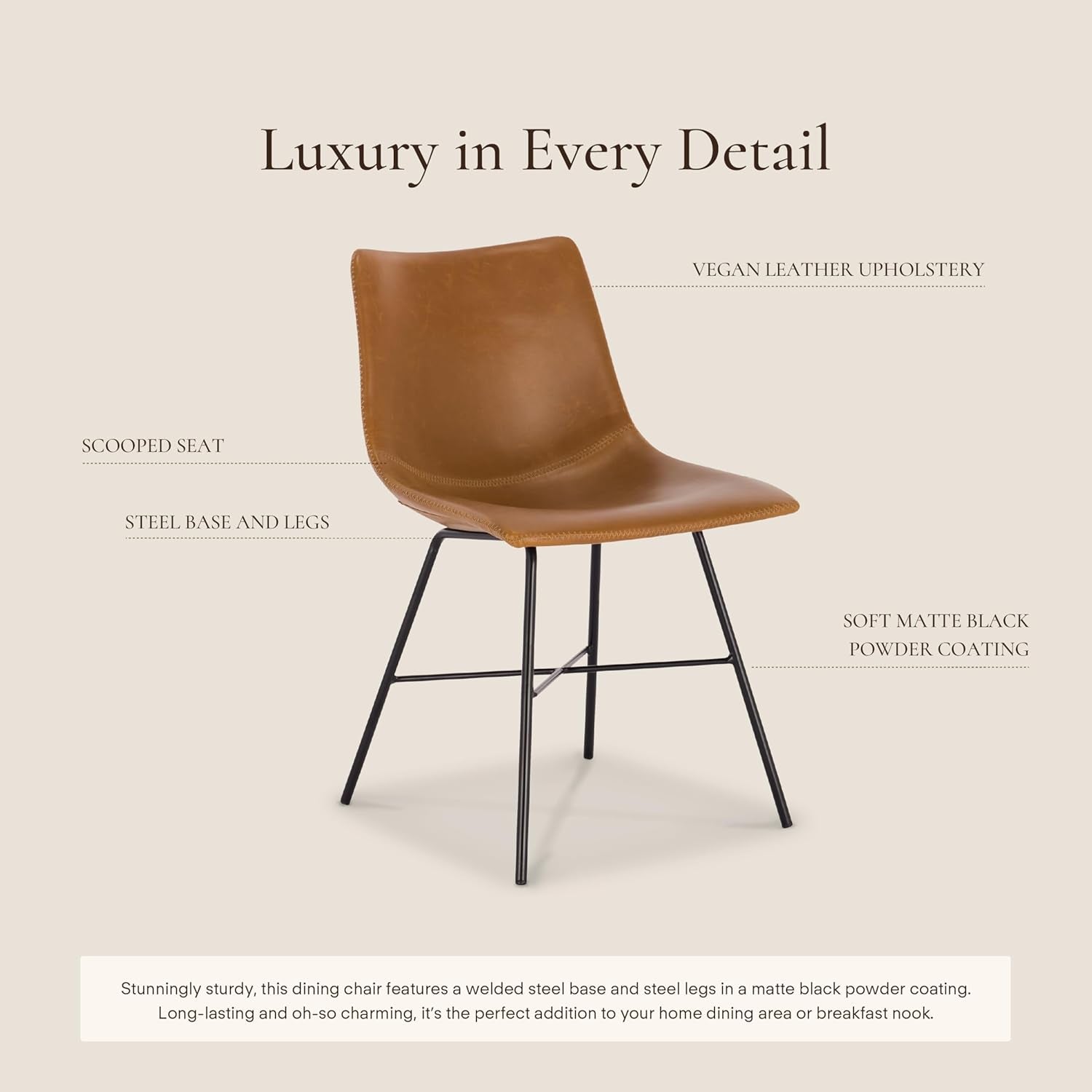 Transform Your Dining Space with the Paxton Leather Dining Chairs by POLY & BARK – Set of 2 Stylish Low Back Chairs in Tan Faux Leather with Sturdy Matte Black Steel Base
