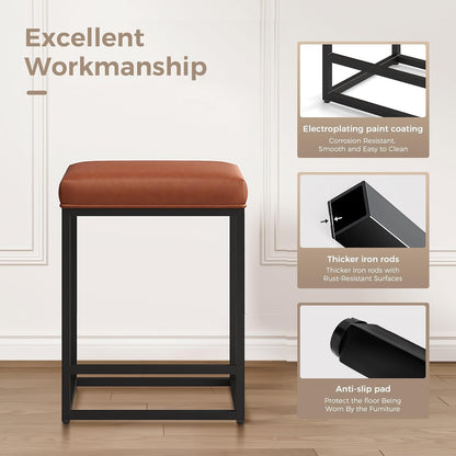 Stylish Set of 2 Backless 24" Bar Stools - Modern Faux Leather Kitchen Counter Chairs with Industrial Design in Brown