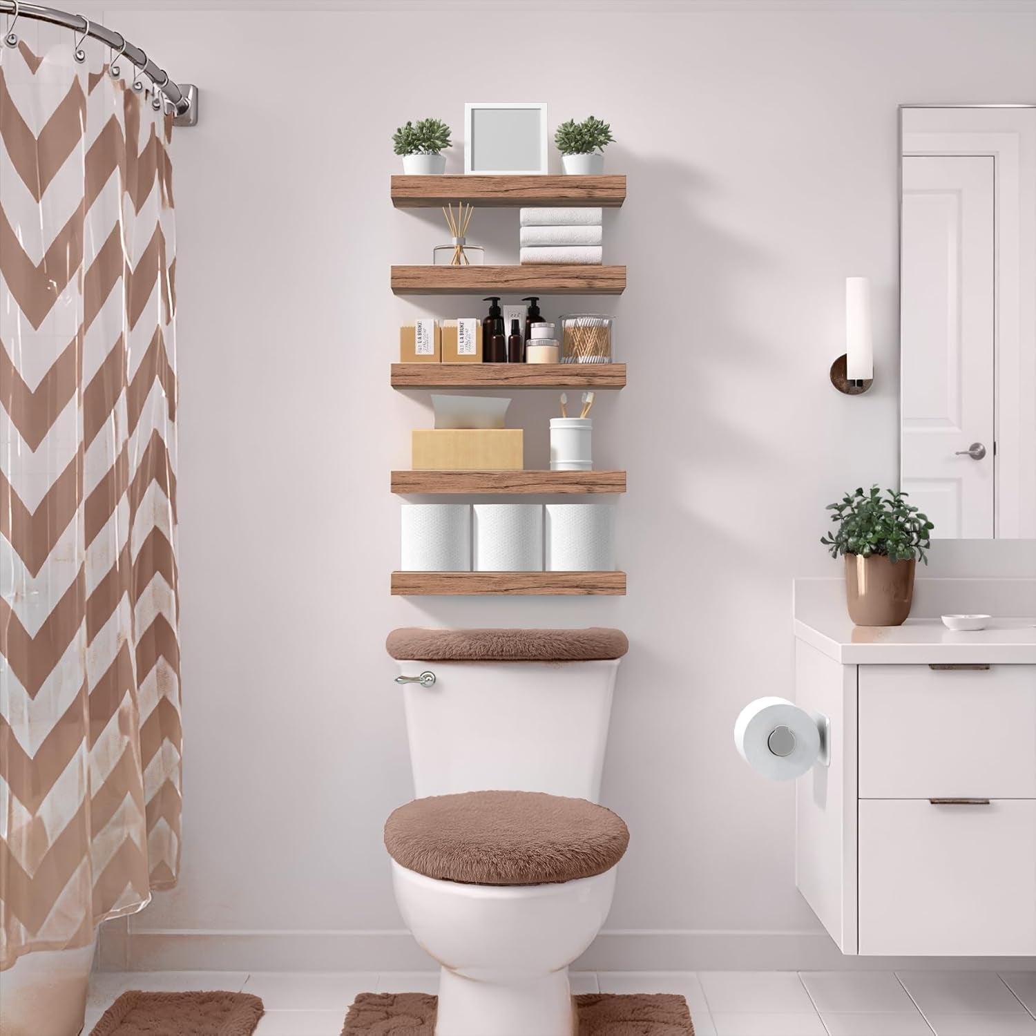Floating Wall Shelves - 16-Inch Mahogany Shelves for Kitchen, Bedroom, Living Room, and Bathroom Decor - Set of 3 with Invisible Brackets