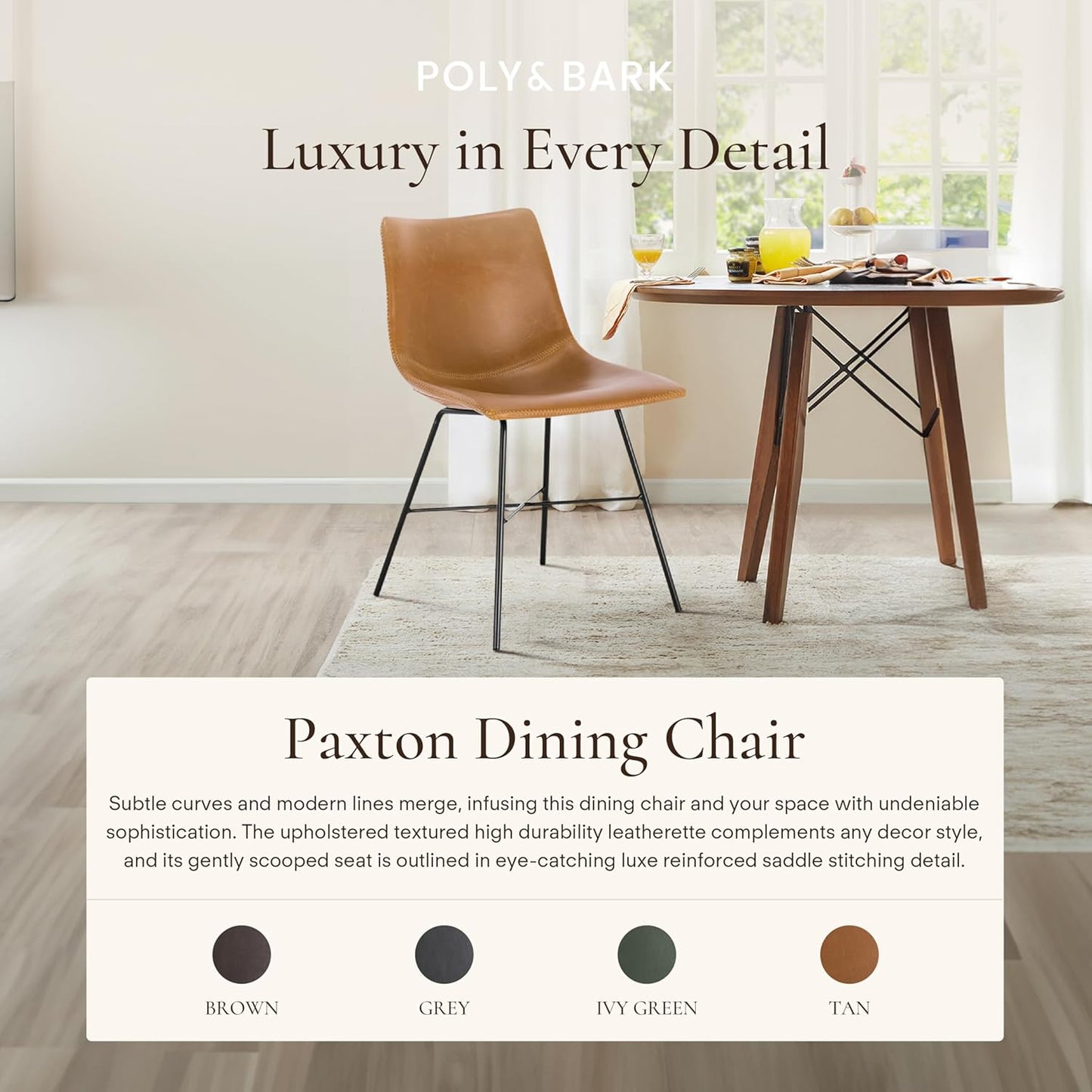 Transform Your Dining Space with the Paxton Leather Dining Chairs by POLY & BARK – Set of 2 Stylish Low Back Chairs in Tan Faux Leather with Sturdy Matte Black Steel Base