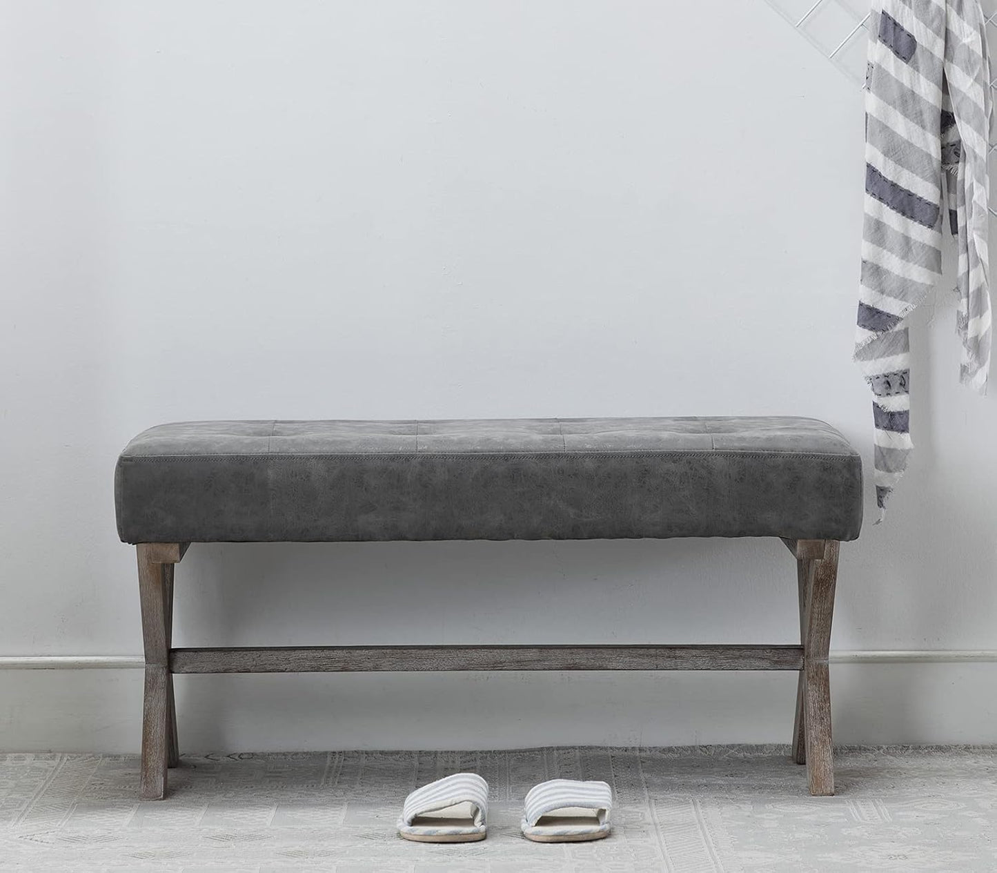 Stylish PU Leather Upholstered Entryway Bench - 36 Inch Grey Bedroom Seat with X-Shaped Wood Legs for Versatile Living Spaces