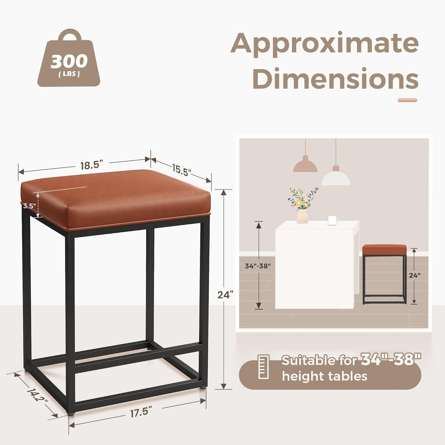 Stylish Set of 2 Backless 24" Bar Stools - Modern Faux Leather Kitchen Counter Chairs with Industrial Design in Brown