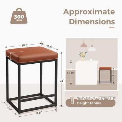 Stylish Set of 2 Backless 24" Bar Stools - Modern Faux Leather Kitchen Counter Chairs with Industrial Design in Brown