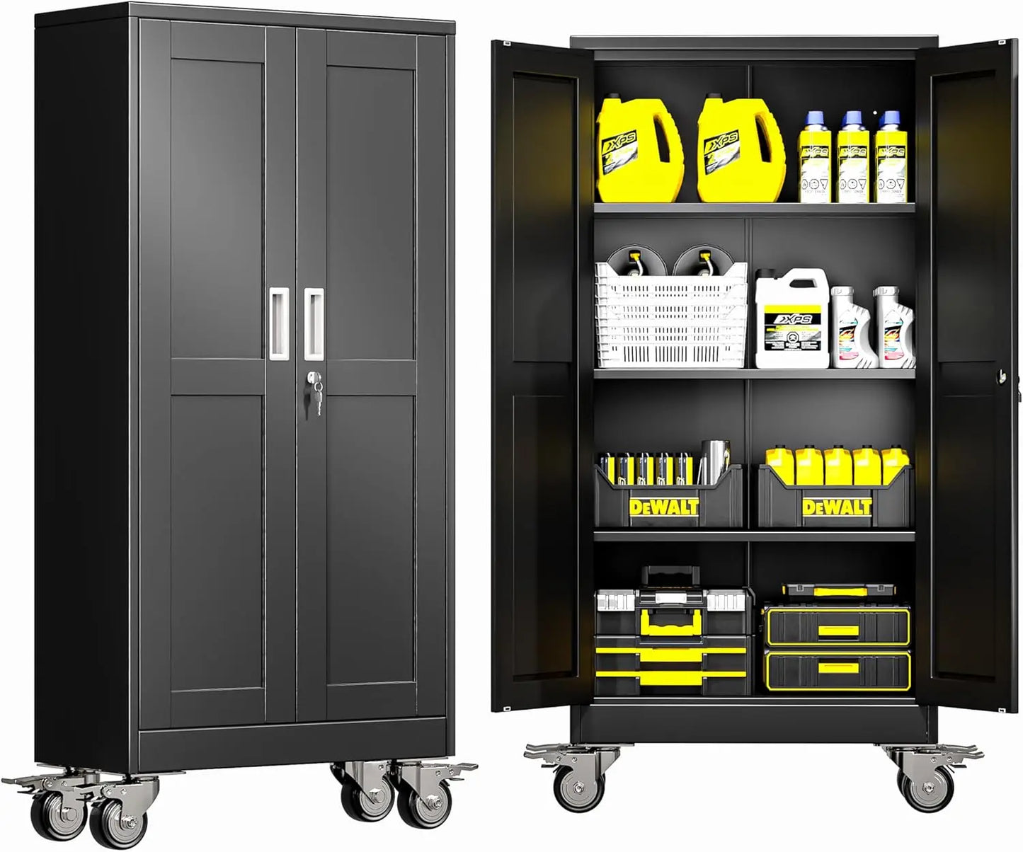Elevate Your Space with the Modern Lockable-Wheeled Garage Storage Cabinet - Heavy-Duty, Portable Tool Organizer with Adjustable Shelves