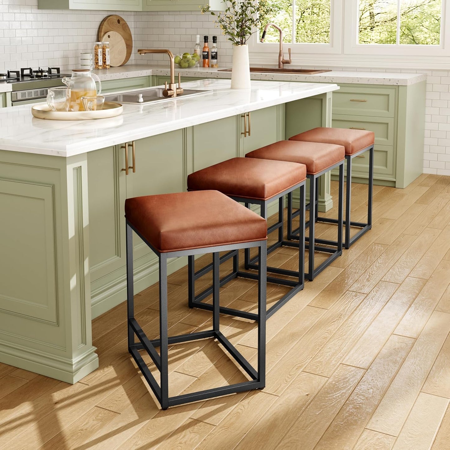 Stylish Set of 2 Backless 24" Bar Stools - Modern Faux Leather Kitchen Counter Chairs with Industrial Design in Brown