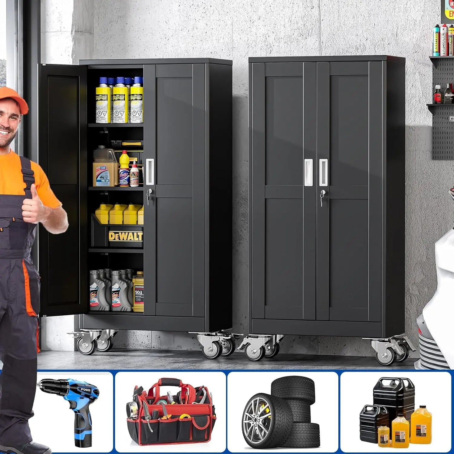 Elevate Your Space with the Modern Lockable-Wheeled Garage Storage Cabinet - Heavy-Duty, Portable Tool Organizer with Adjustable Shelves