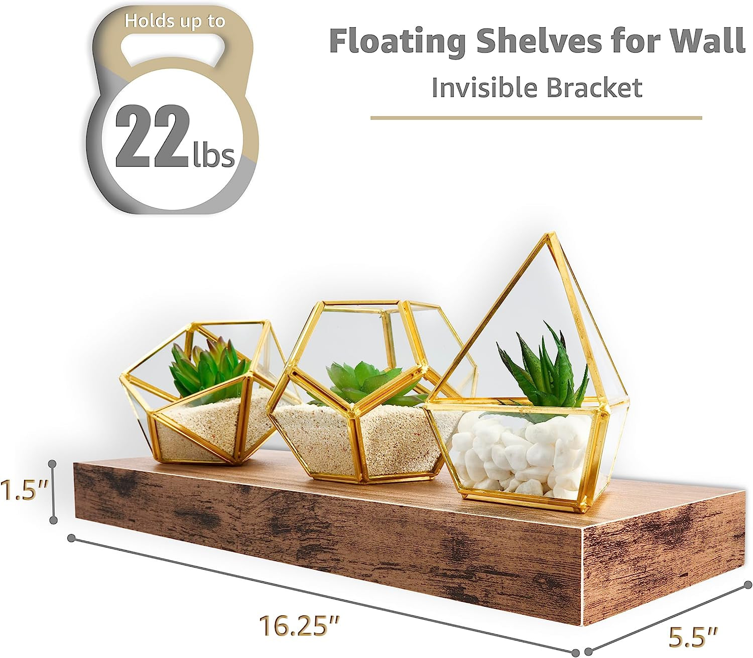 Floating Wall Shelves - 16-Inch Mahogany Shelves for Kitchen, Bedroom, Living Room, and Bathroom Decor - Set of 3 with Invisible Brackets