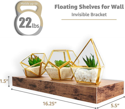 Floating Wall Shelves - 16-Inch Mahogany Shelves for Kitchen, Bedroom, Living Room, and Bathroom Decor - Set of 3 with Invisible Brackets