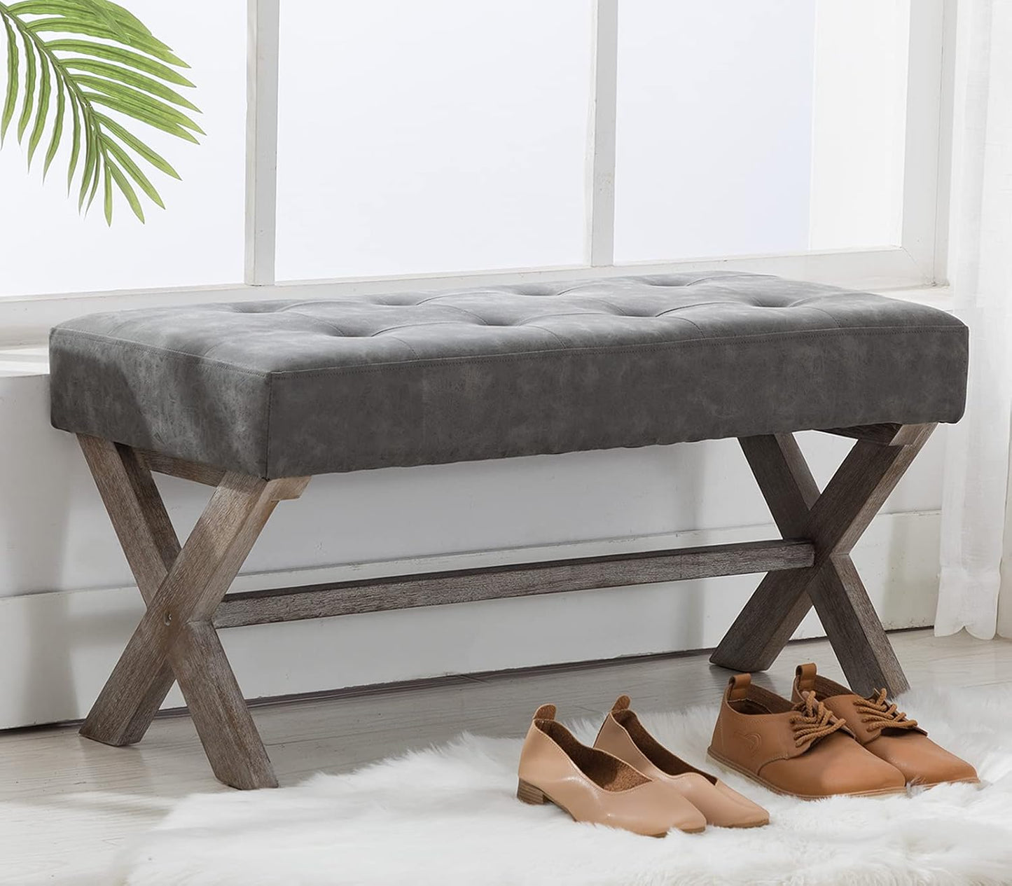 Stylish PU Leather Upholstered Entryway Bench - 36 Inch Grey Bedroom Seat with X-Shaped Wood Legs for Versatile Living Spaces