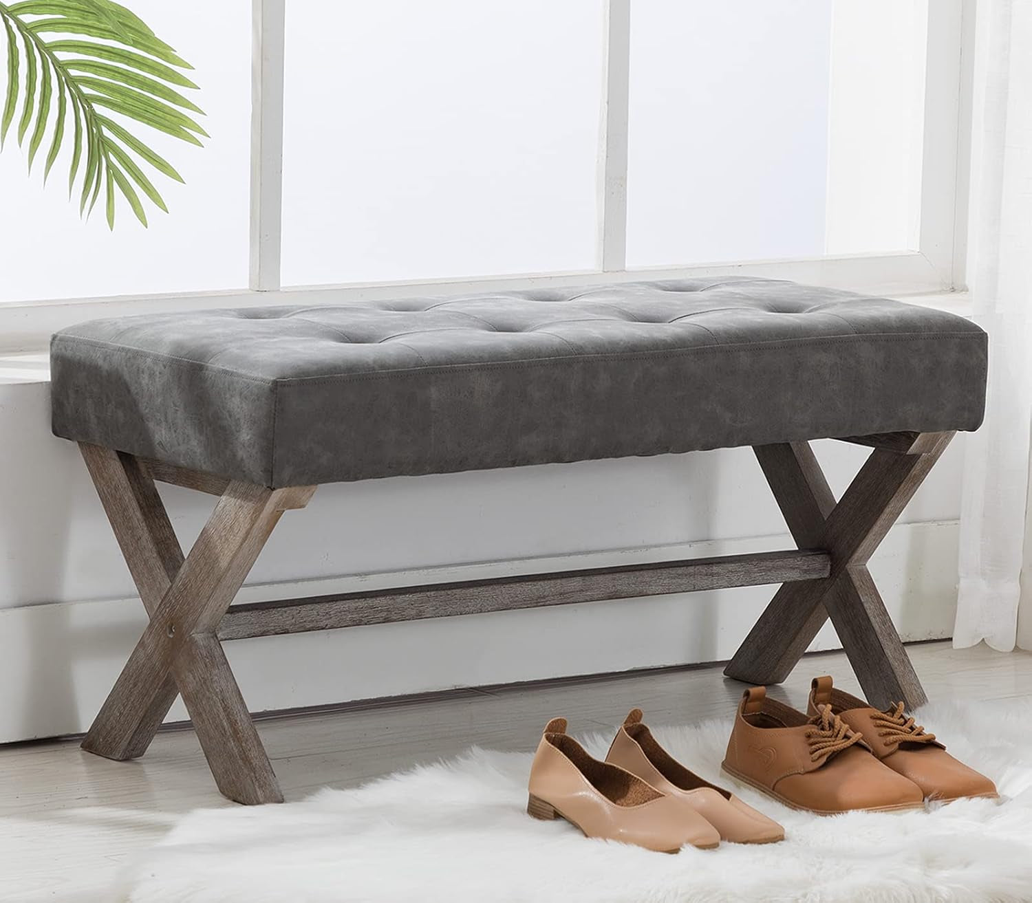 Stylish PU Leather Upholstered Entryway Bench - 36 Inch Grey Bedroom Seat with X-Shaped Wood Legs for Versatile Living Spaces