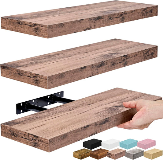 Floating Wall Shelves - 16-Inch Mahogany Shelves for Kitchen, Bedroom, Living Room, and Bathroom Decor - Set of 3 with Invisible Brackets